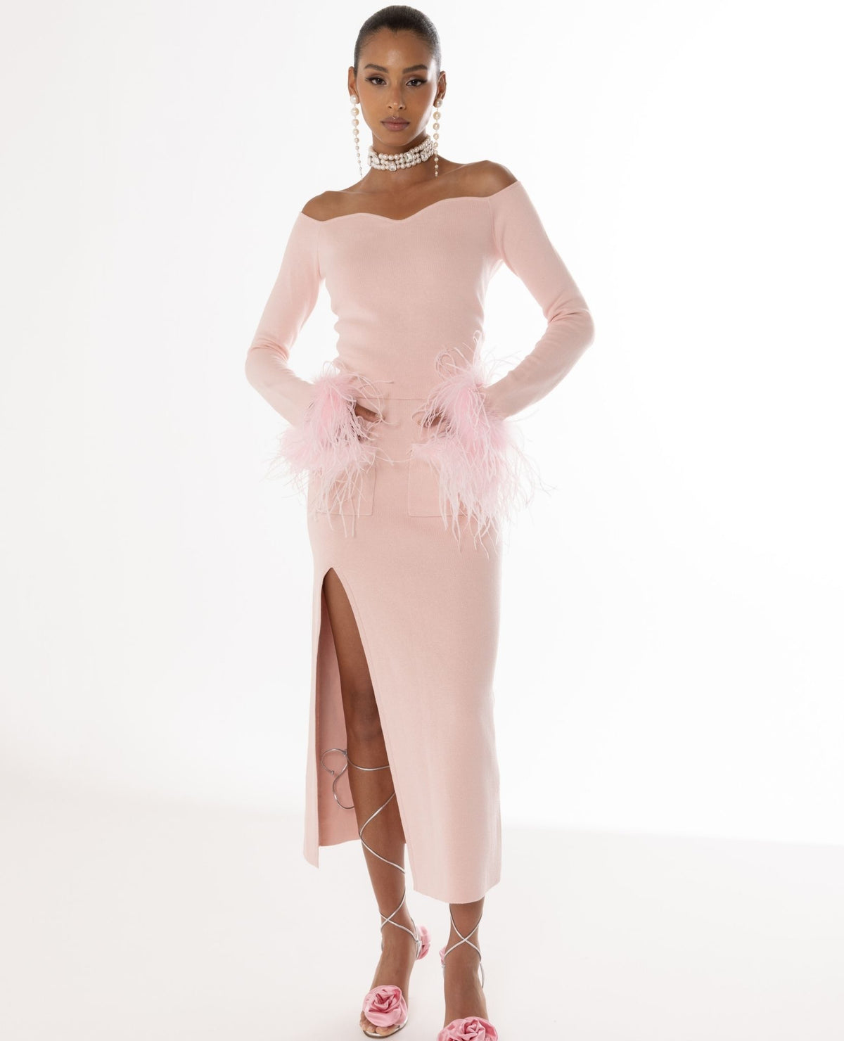 ANDREEVA - Powder Pink Vanilla Knit Skirt With Feathers, buy at DOORS NYC