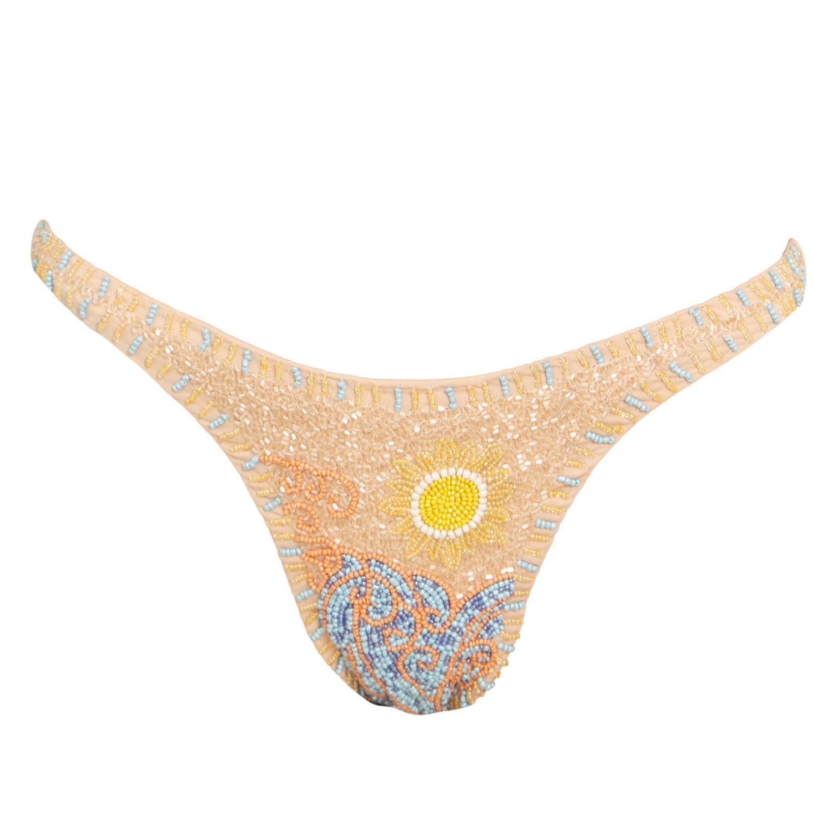 The SELF-ADORE High Tide Hand-Beaded Embellished Bikini Bottom in Sand features intricate beadwork with a yellow sun, blue waves, and orange accents—perfect for adding coastal glamour to your swim look.