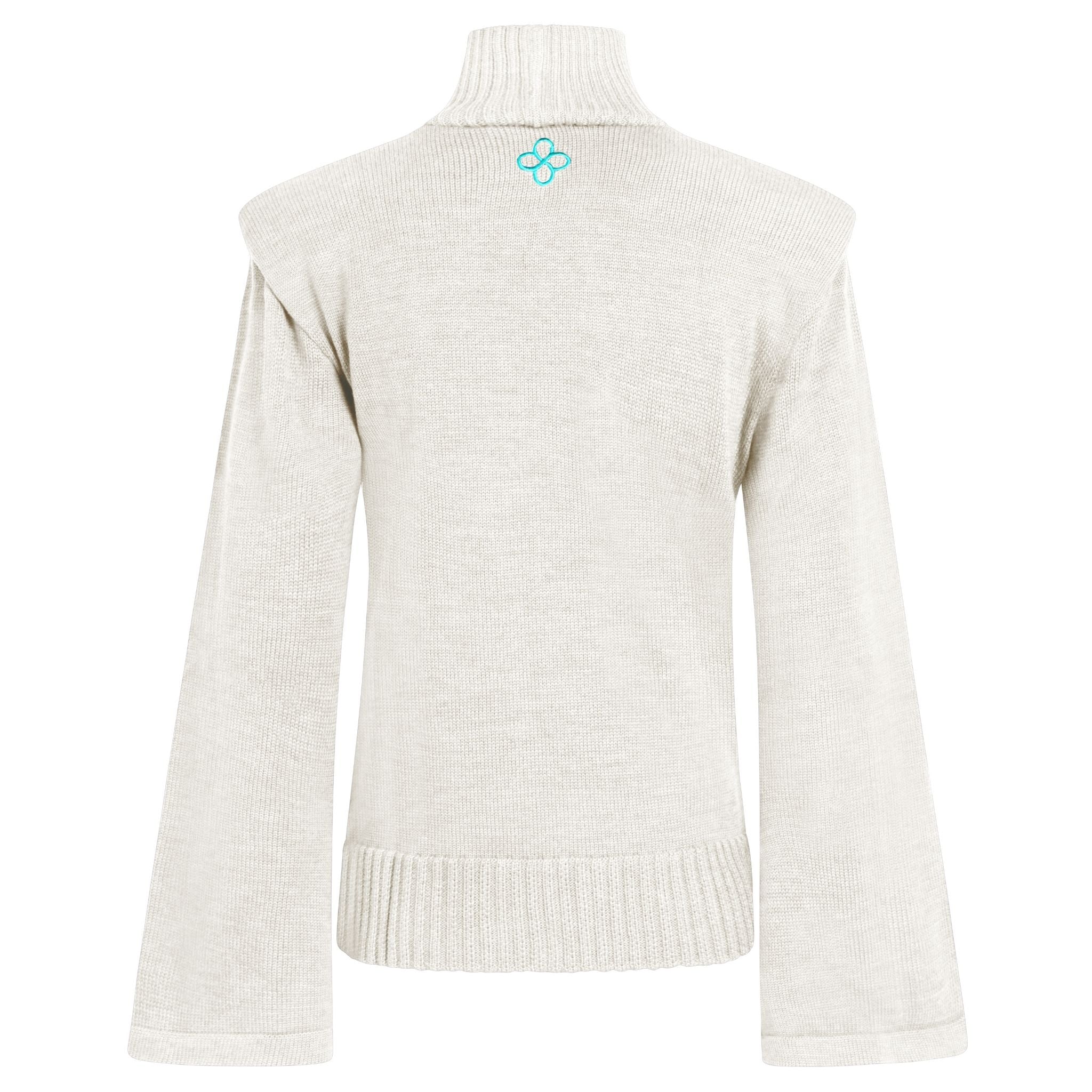 White turtleneck sweater with a logo on a white background