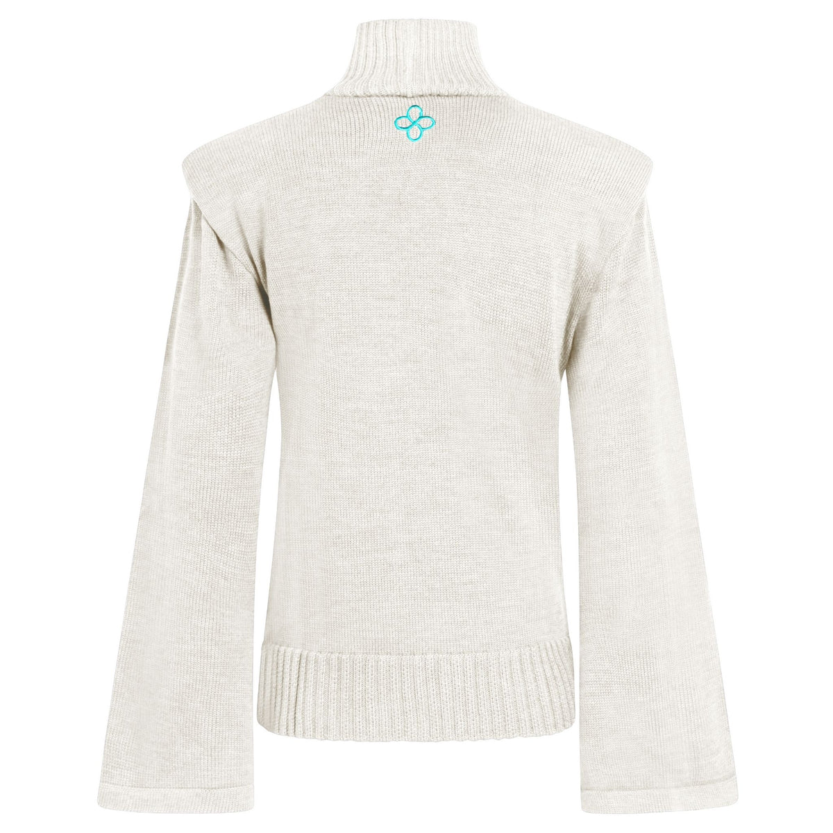 White turtleneck sweater with a logo on a white background