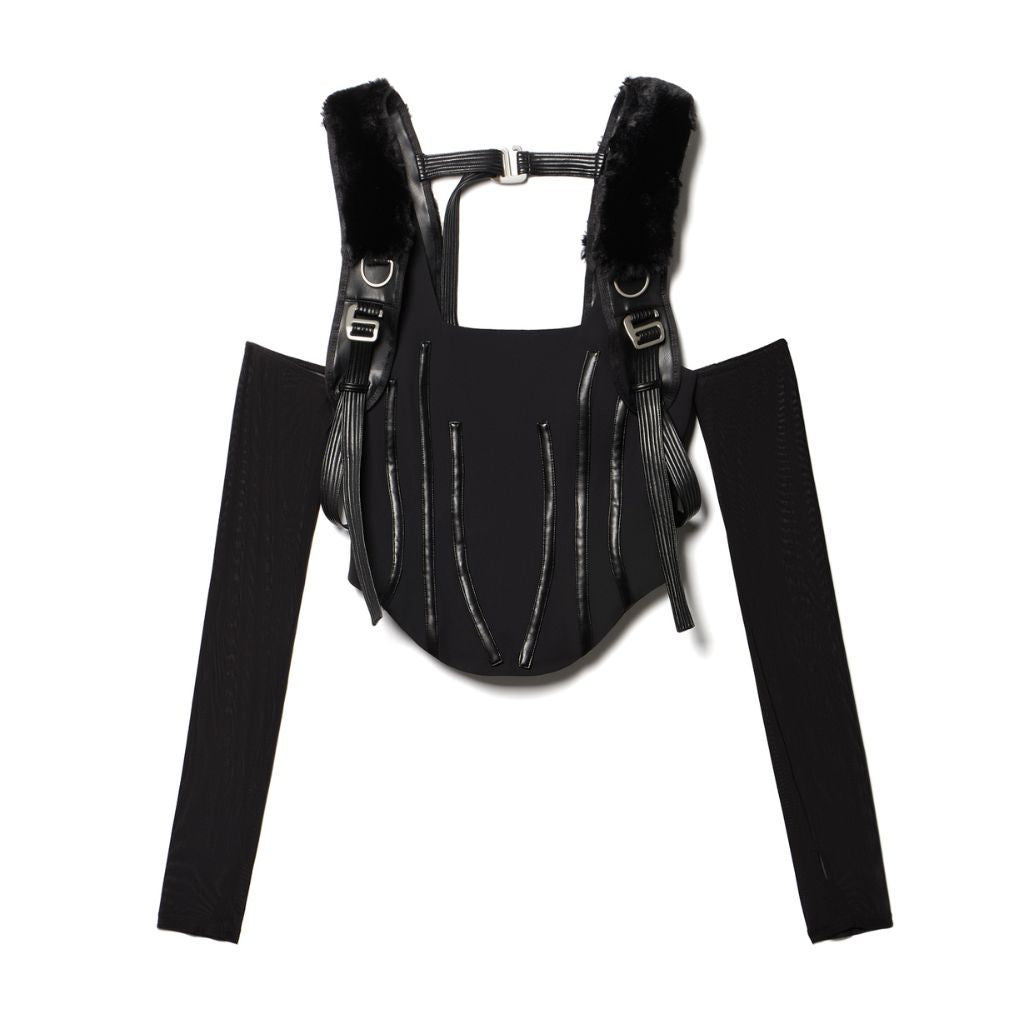 PRIVATE POLICY - Faux Fur Harness Top With Mesh Sleeves | Black at DOORS NYC