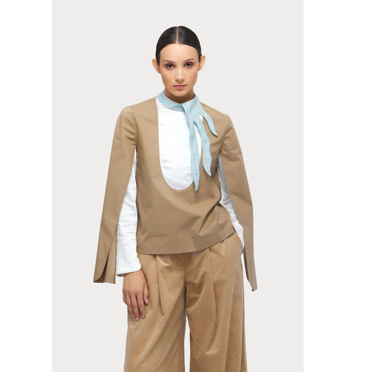 Designer Blouse With Contrast Sleeves | Beige