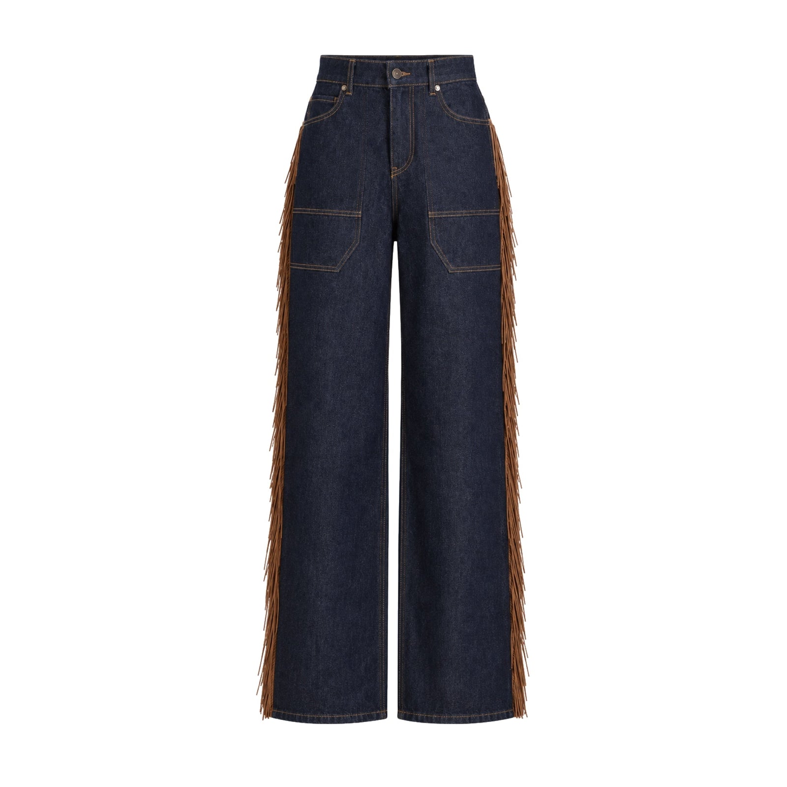 Dark Blue Wide-Leg Fringe Denim Pants