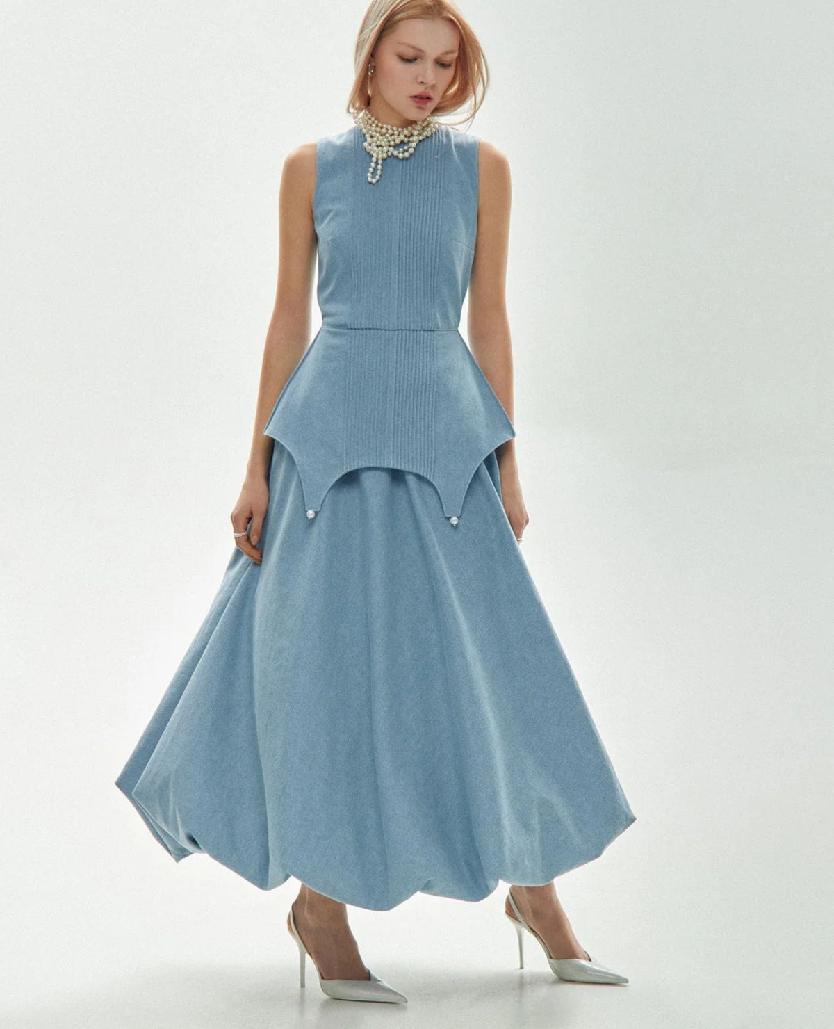 GURANDA - Structured Peplum Denim Maxi Dress, buy at DOORS NYC