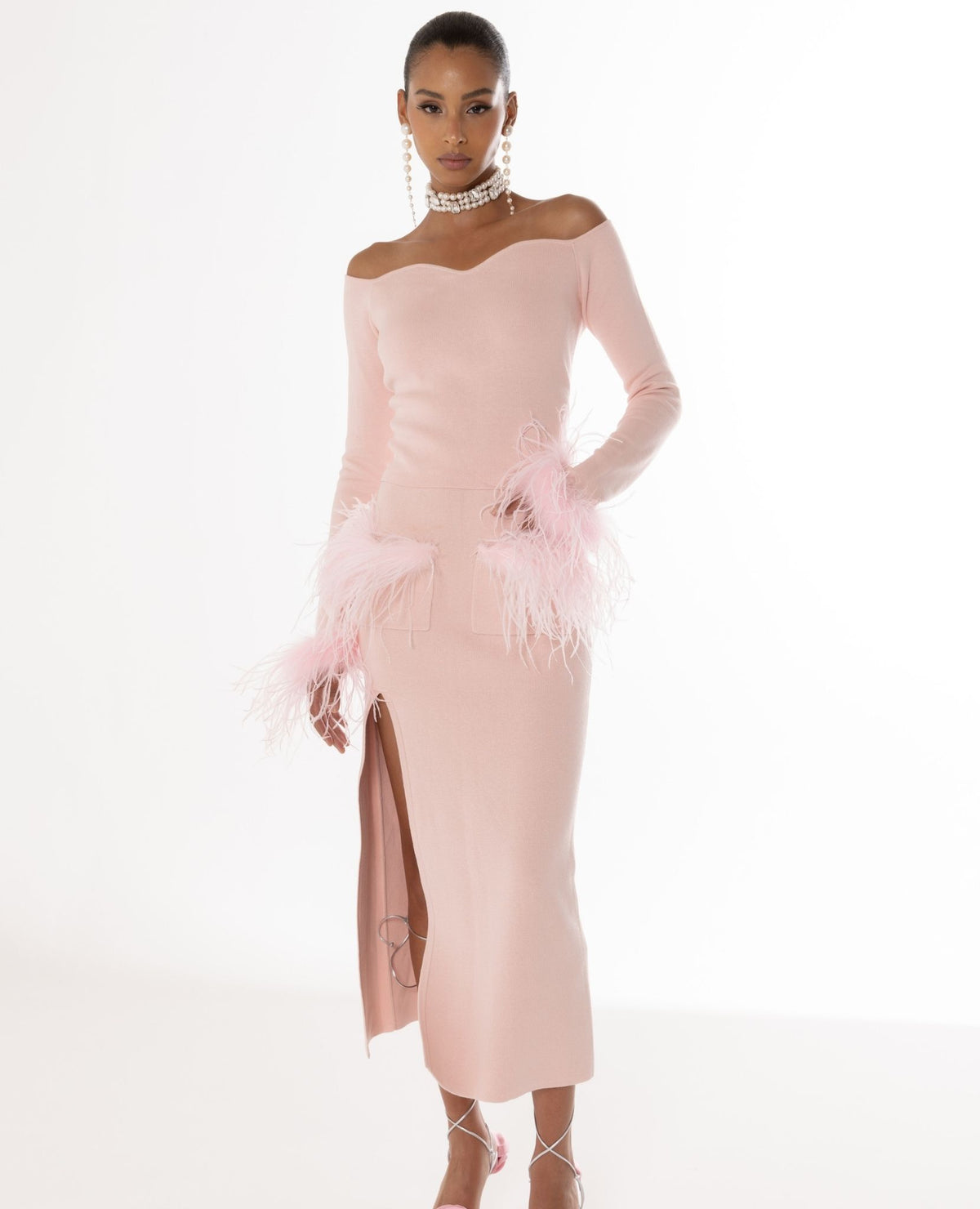 ANDREEVA - Powder Pink Vanilla Knit Skirt With Feathers, buy at DOORS NYC