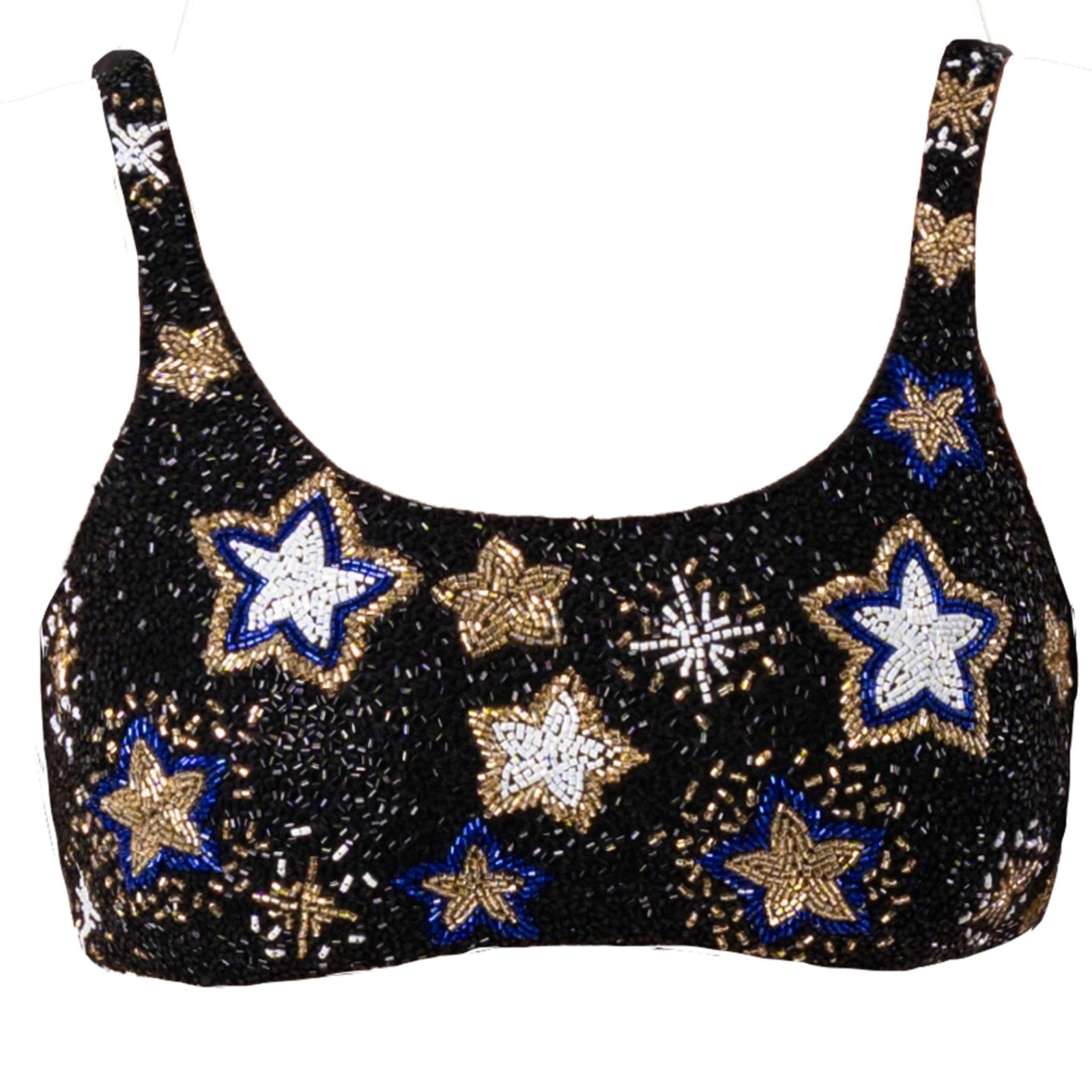 The Celeste Hand-Beaded Embellished Bikini Top by SELF-ADORE features black fabric with hand-sewn gold, white, and blue stars in various sizes across the front. Photographed on a plain white background.