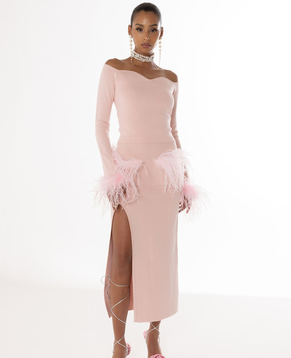 ANDREEVA - Powder Pink Vanilla Knit Top With Detachable Feather Cuffs, buy at DOORS NYC