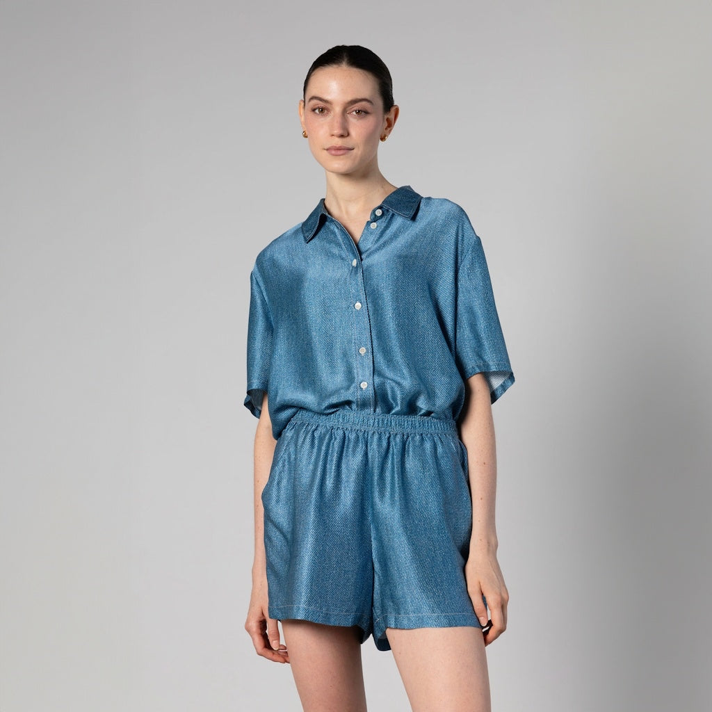 Light Denim Print Silk Shorts with Pockets