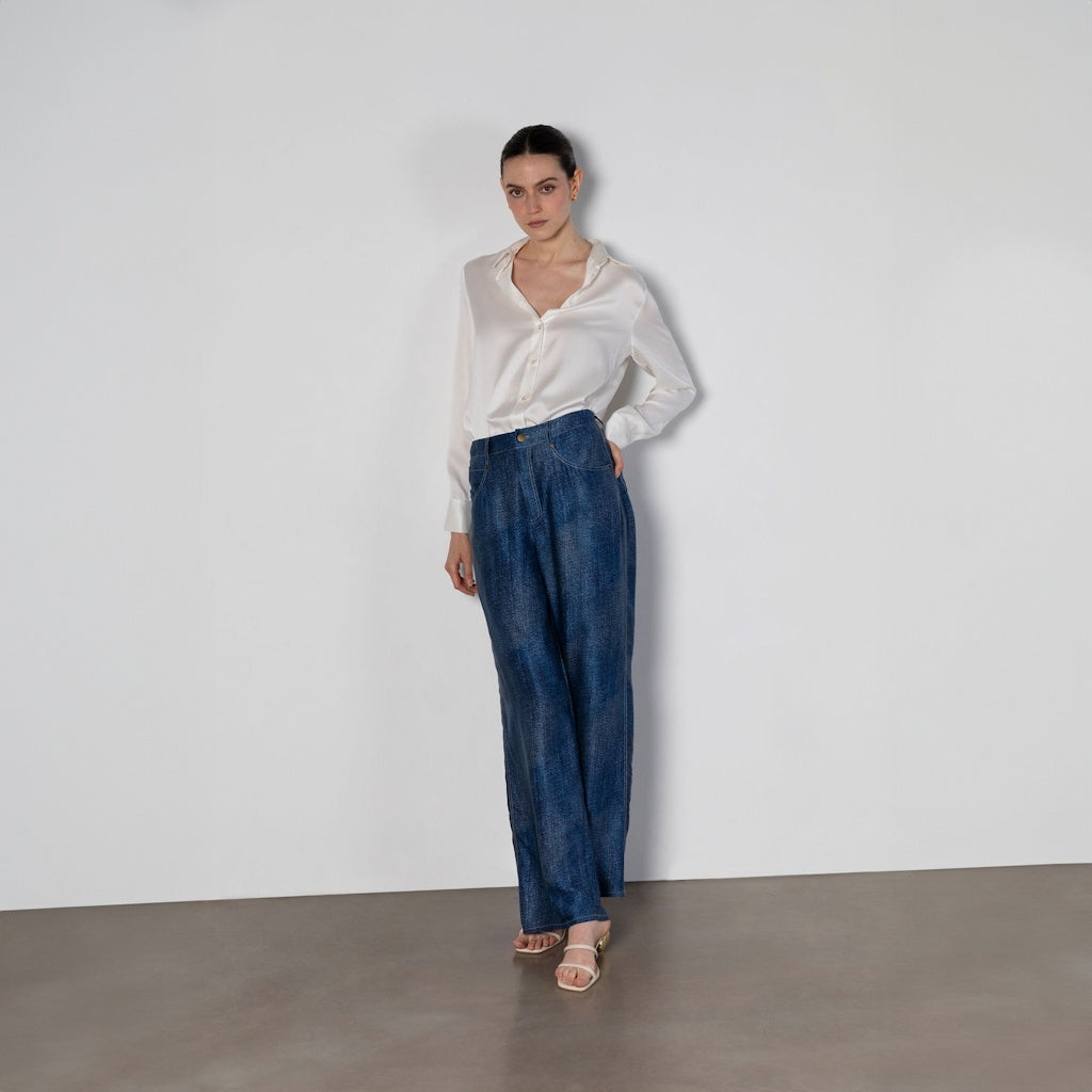 Silk Wide-Leg Jeans with Contrast Stitching