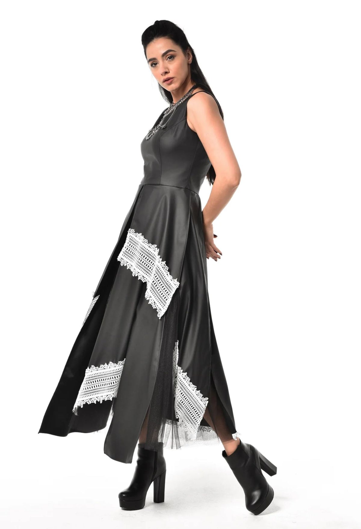 METAMORPHOZA - Black Vegan Leather Dress With Tulle And Lace | PR Sample at DOORS NYC