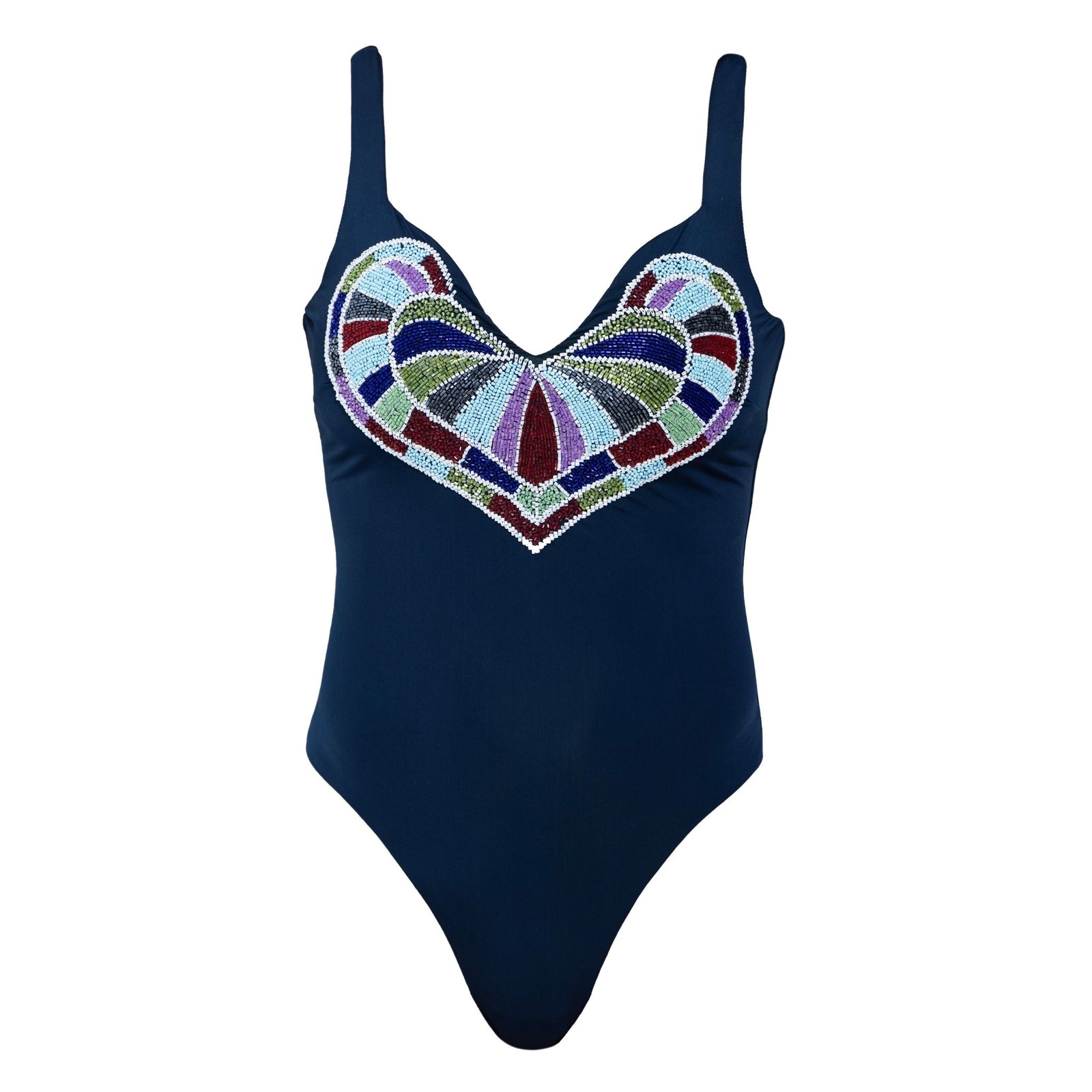 The SELF-ADORE Amor Hand-Beaded Embellished One-Piece Swimsuit in navy features thick straps and a geometric beaded design in blue, green, purple, and silver across the chest for a glamorous sculpting look.