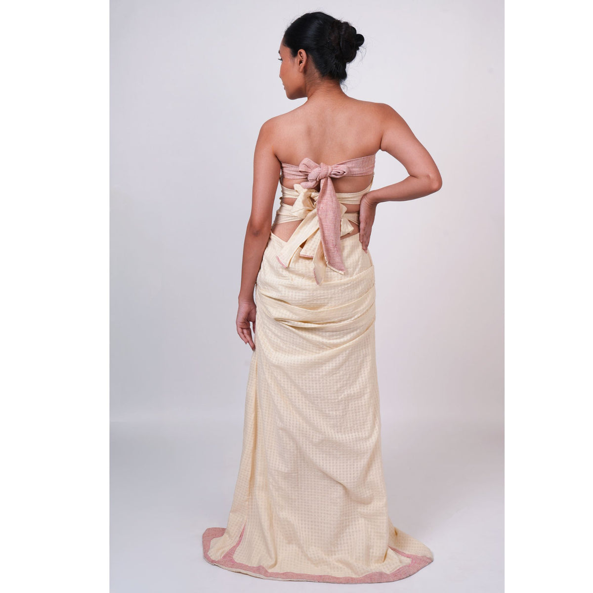 Off-White Strapless Maxi Palaash Gown with Pink Trim