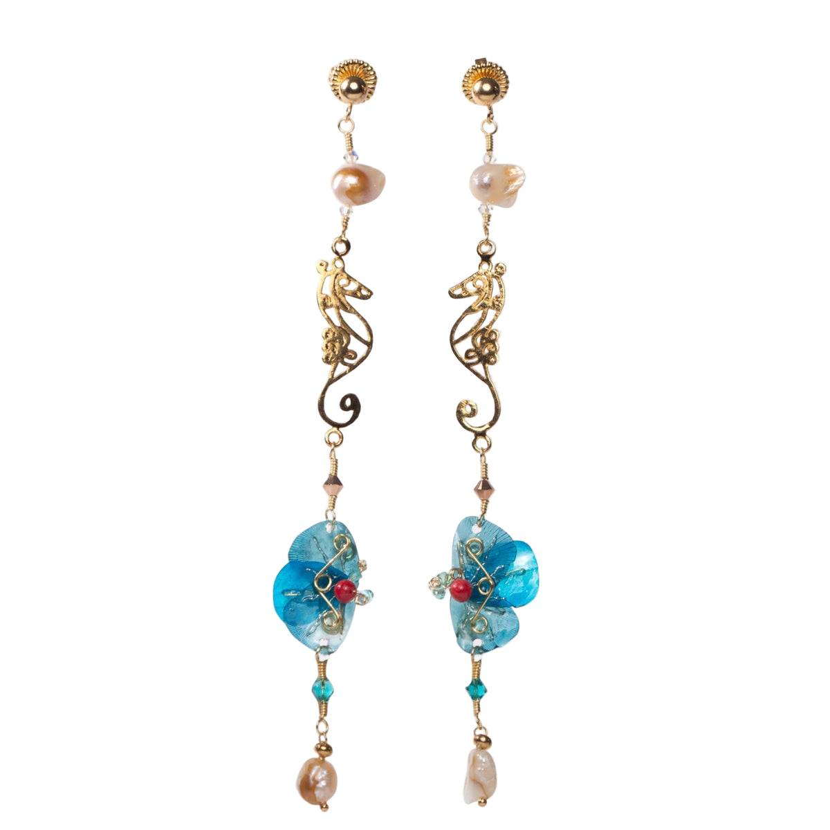 Seahorse earrings displayed design by Alma Dos Mares