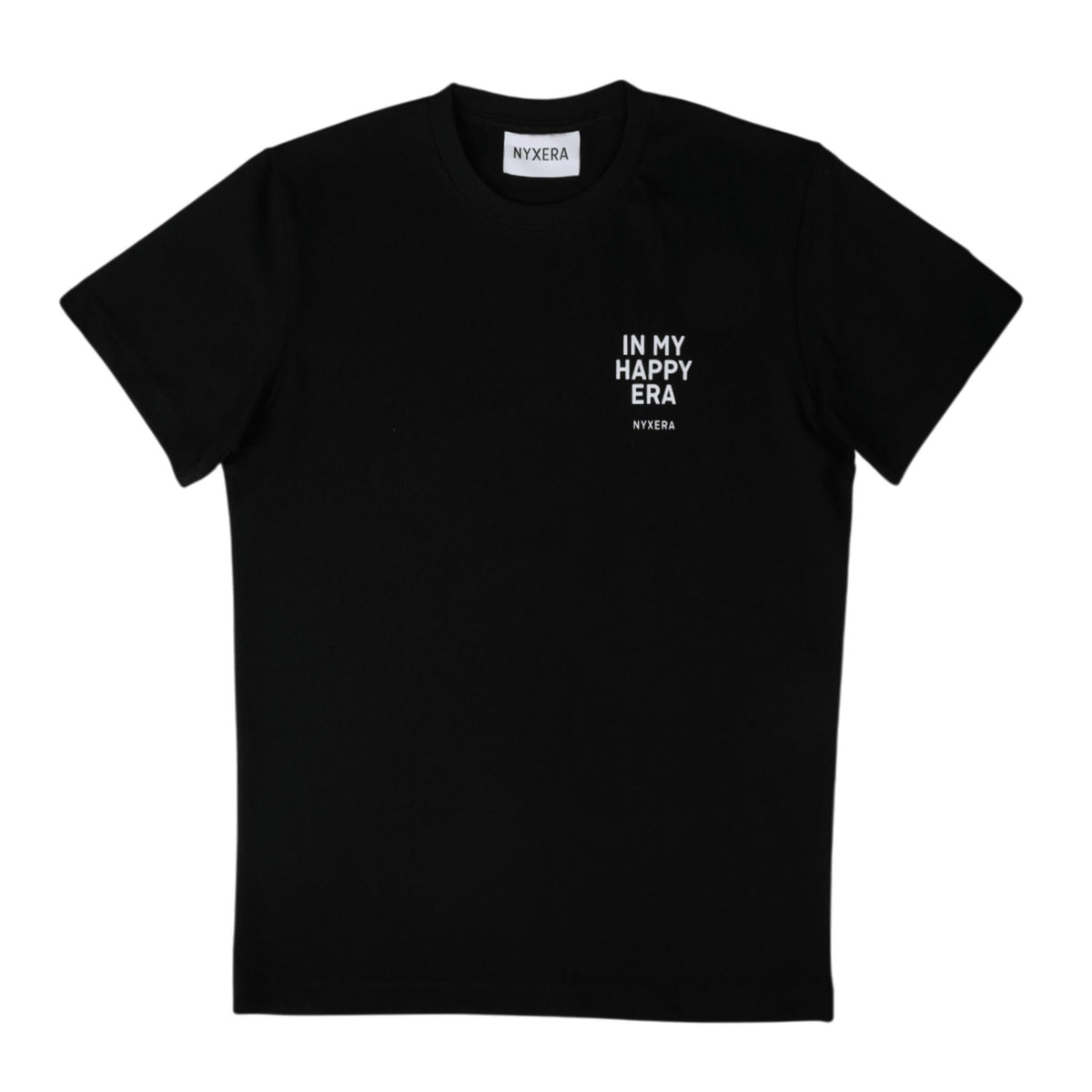 Black t-shirt with &#39;IN MY HAPPY ERA&#39; text on a white background