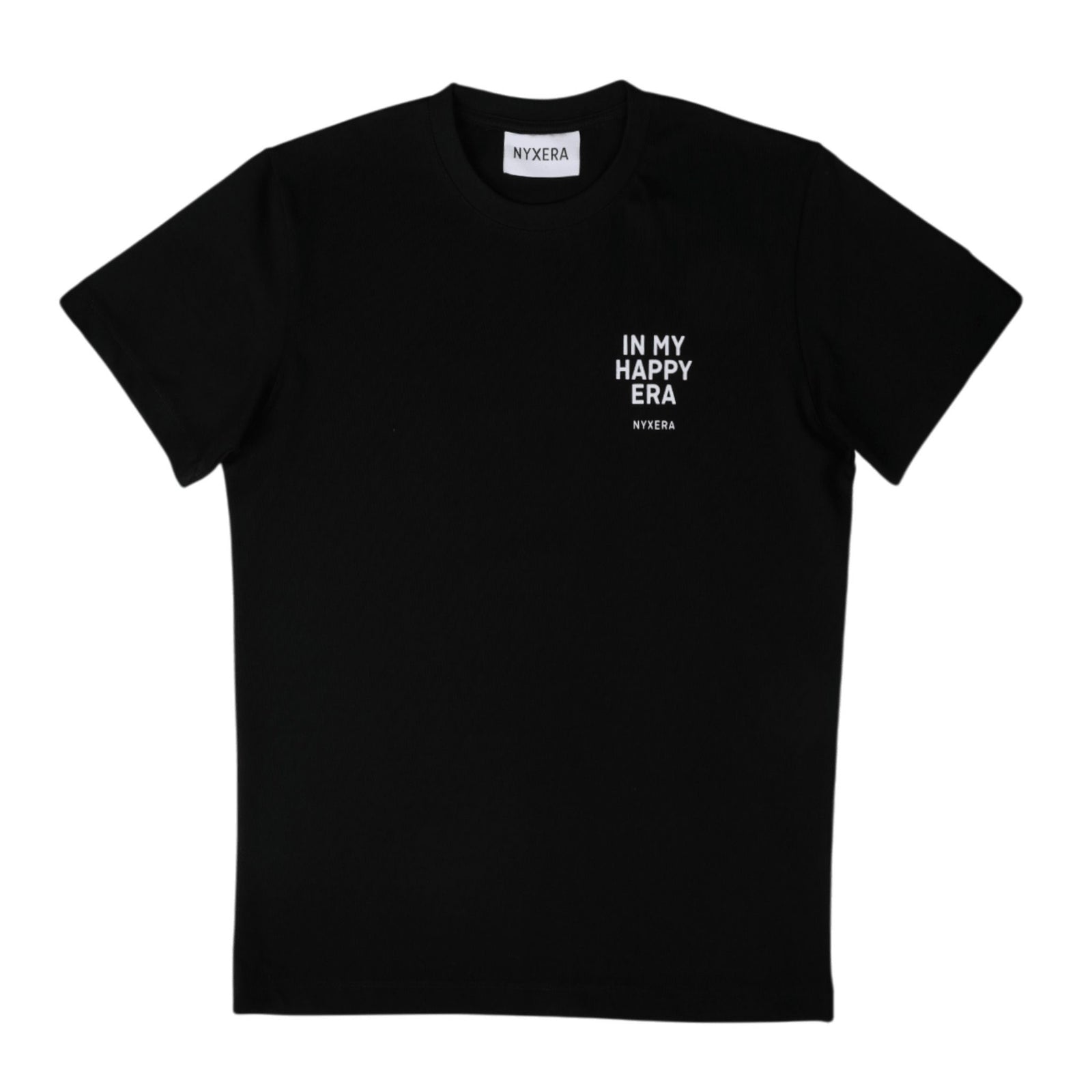 Black t-shirt with 'IN MY HAPPY ERA' text on a white background