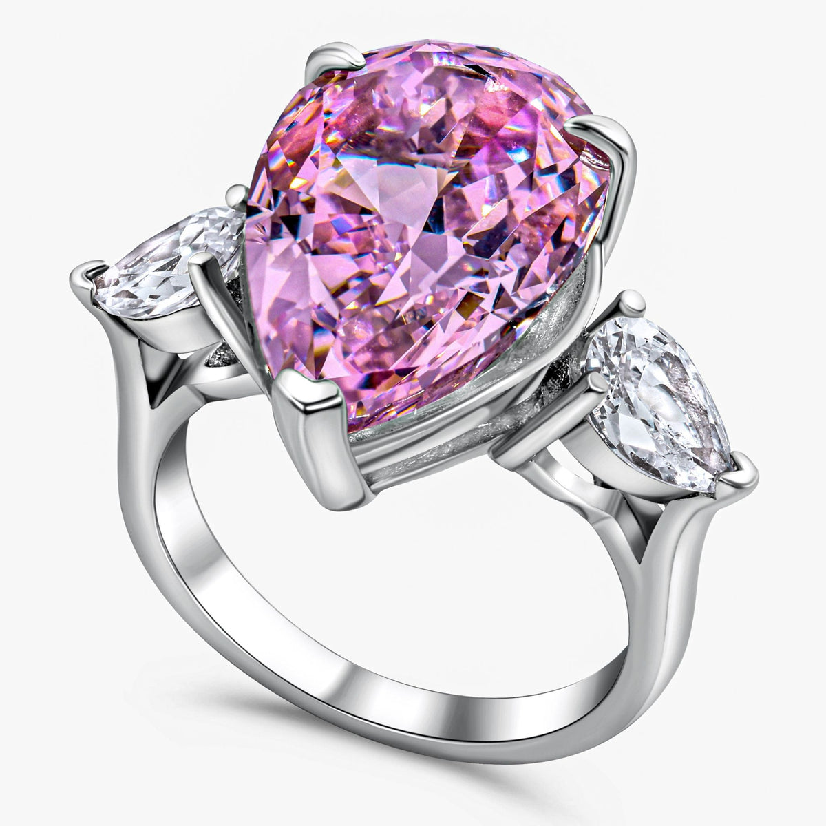 Ring with a large pink gemstone and smaller clear stones on a white background