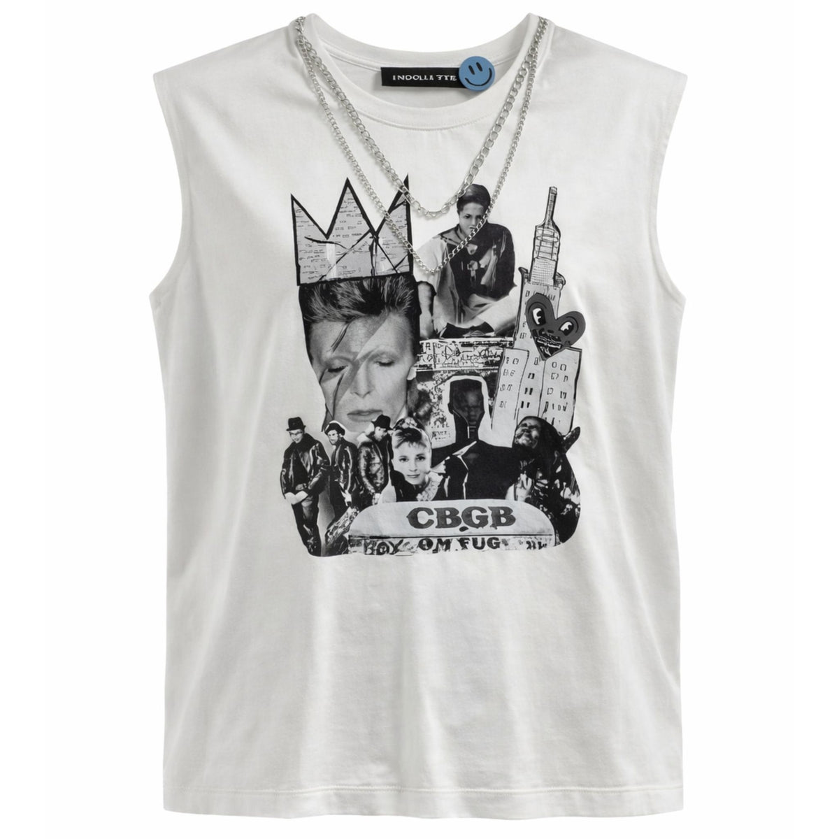 The Circular Path X Love Tara Sleeveless Round Neck Necklace T-shirt in white by CIRCULAR PATH stands out with black and white musician images, a crown sketch, Empire State Building, CBGB text, and edgy necklace detail at the collar.