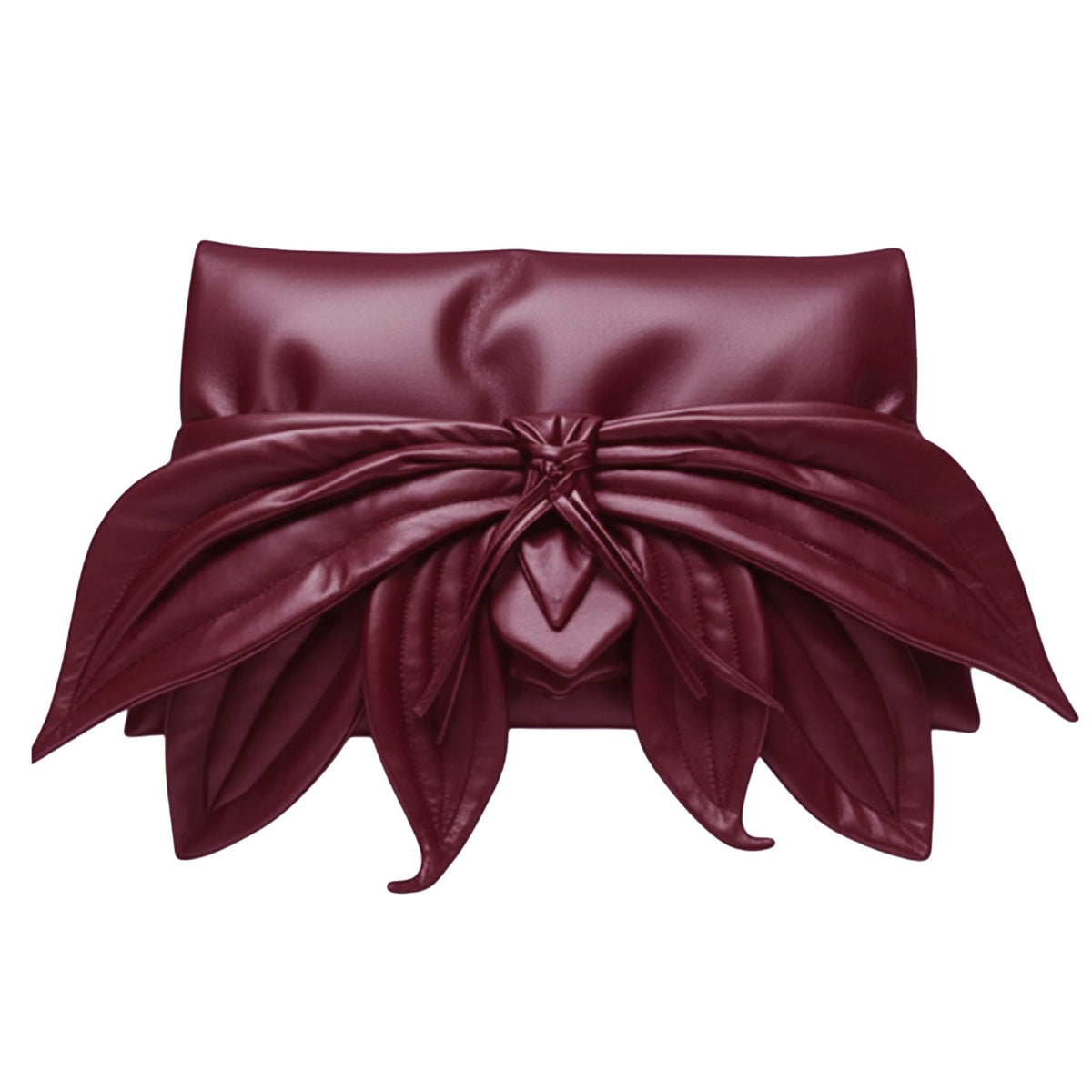 The Petal Faux Leather Evening Clutch Bag in Burgundy by JULIA ALLERT features a large, layered bow with leaf-like petals for an elegant look.