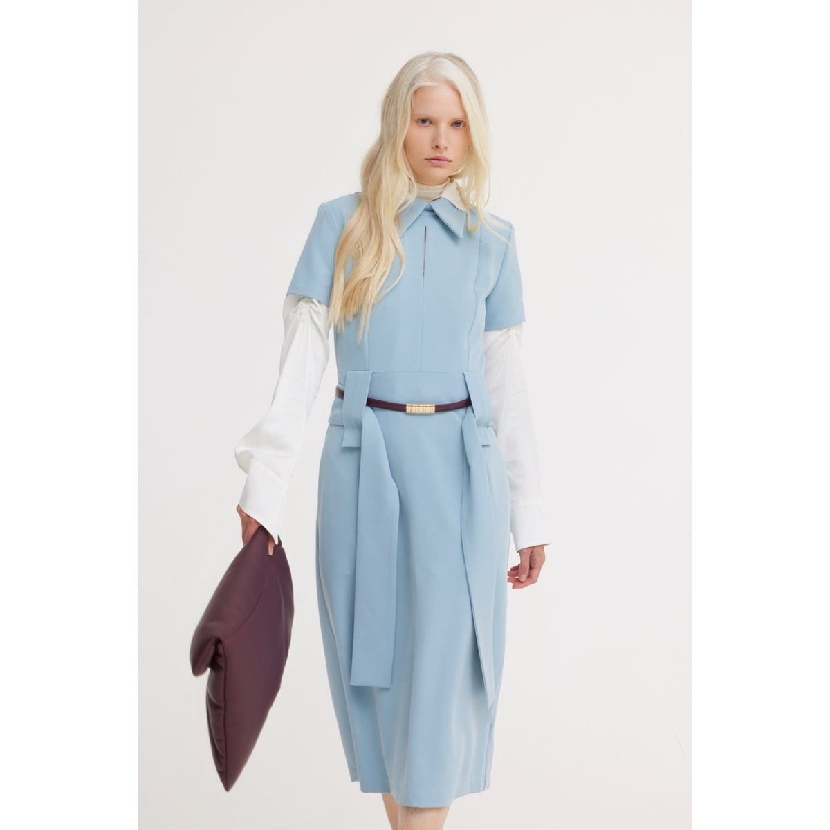 Short Sleeve Midi Dress With Belt - Light Blue