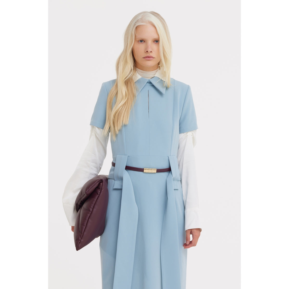 Short Sleeve Midi Dress With Belt - Light Blue