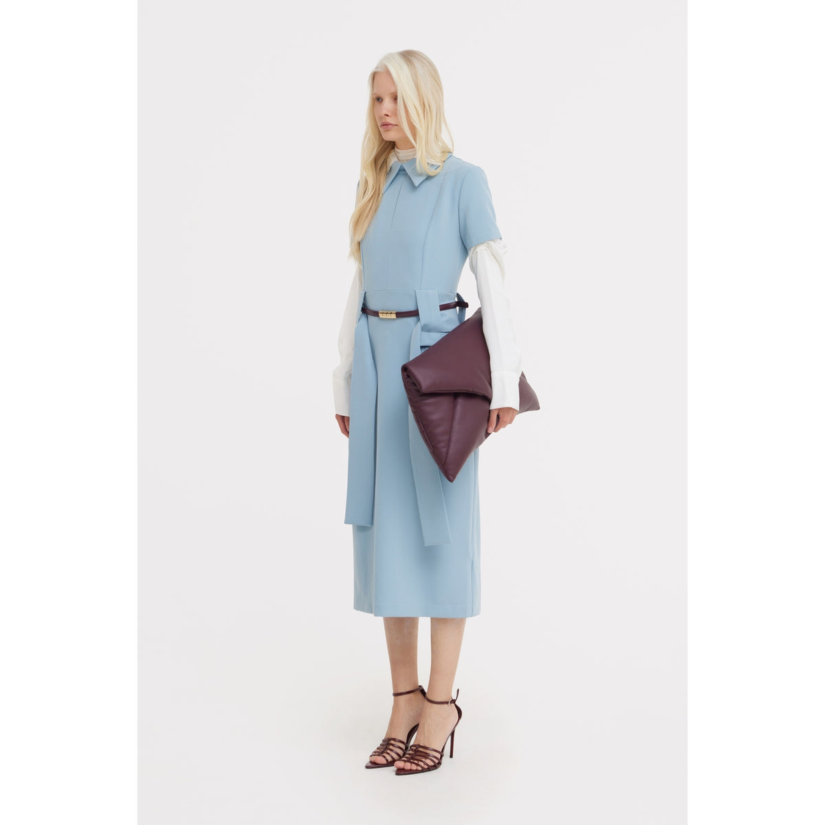 Short Sleeve Midi Dress With Belt - Light Blue