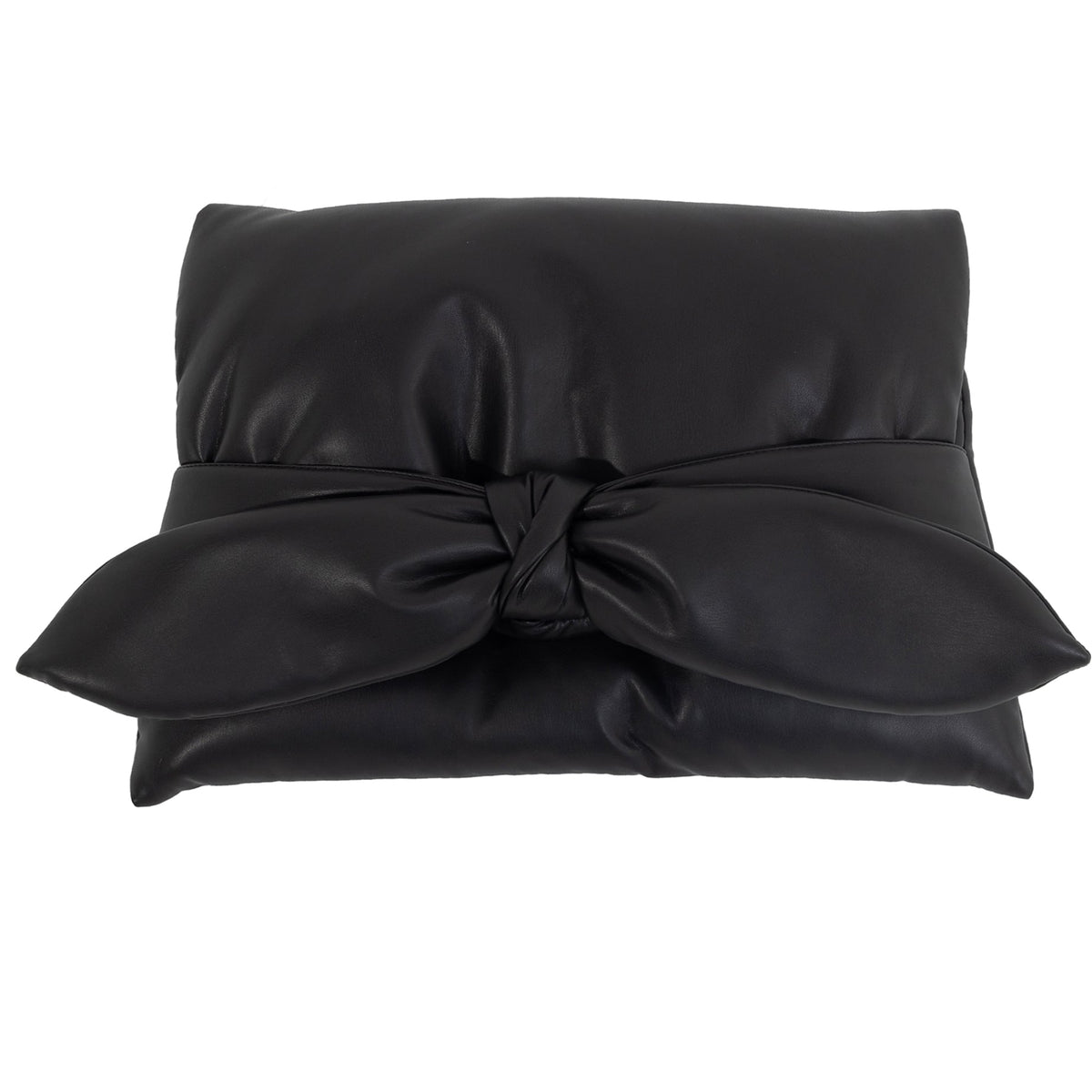 The JULIA ALLERT Petal Faux Leather Evening Clutch Bag - Black features a large puffy bow on the front, elegantly displayed against a white background.