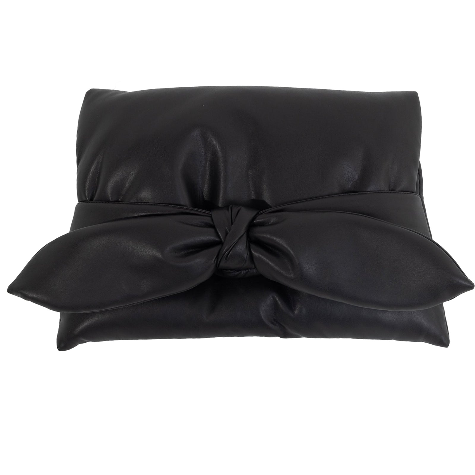 The JULIA ALLERT Petal Faux Leather Evening Clutch Bag - Black features a large puffy bow on the front, elegantly displayed against a white background.