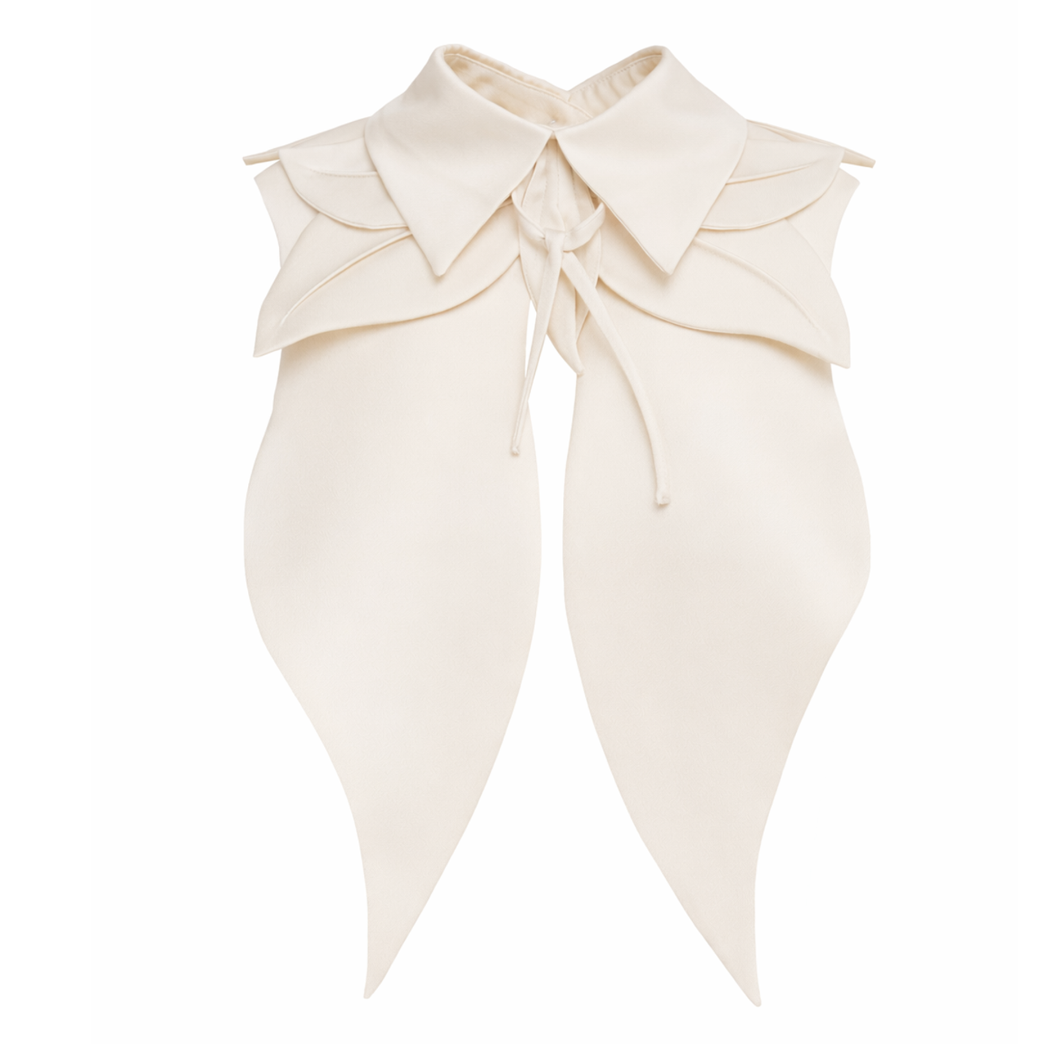 The JULIA ALLERT Oversized Satin Bib Collar in ivory features layered petal-like details, two long pointed ends, a tie closure at the front, and a sculptural oversized satin design for a standout look.