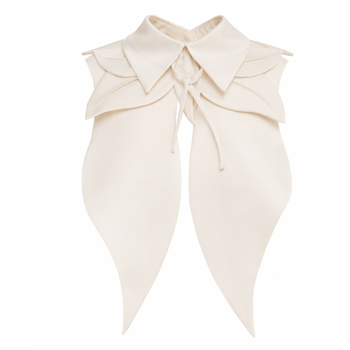 The JULIA ALLERT Oversized Satin Bib Collar in ivory features layered petal-like details, two long pointed ends, a tie closure at the front, and a sculptural oversized satin design for a standout look.
