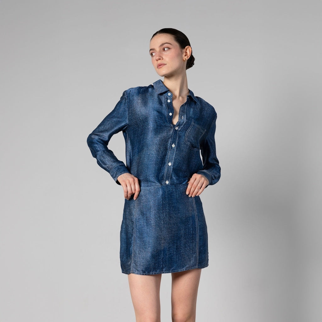 Denim Print Silk Shirt with Contrast Stitching