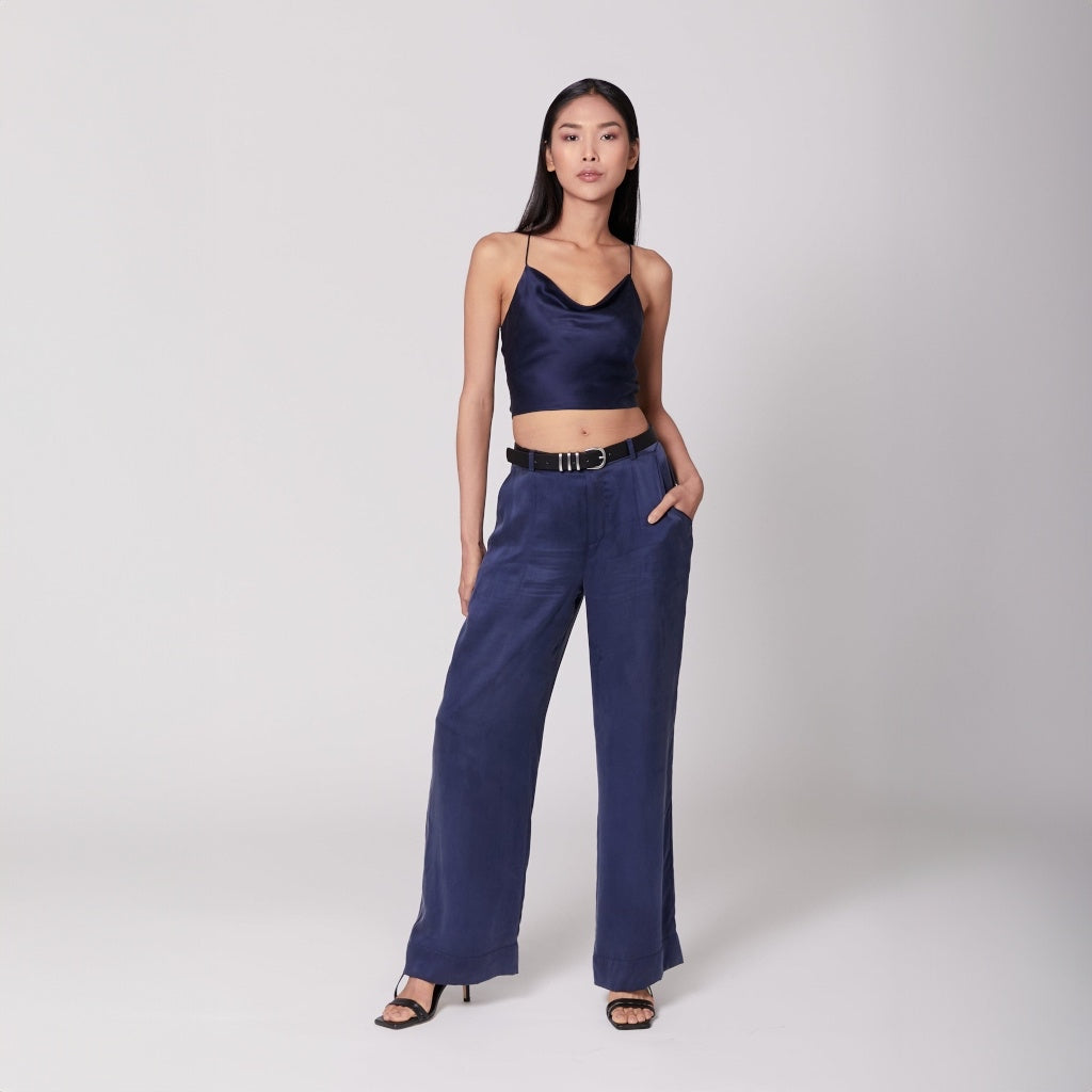 Dark Navy Silk Wide-Leg Pants with Tapered Waist