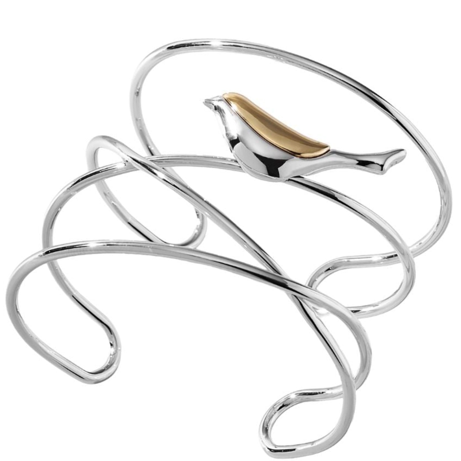 The Silver Aviva Bracelet from ANNA PRATA's Aviva Collection features hand-forged silver wire with swirling loops and a gold-accented bird charm, beautifully showcased against a white background.
