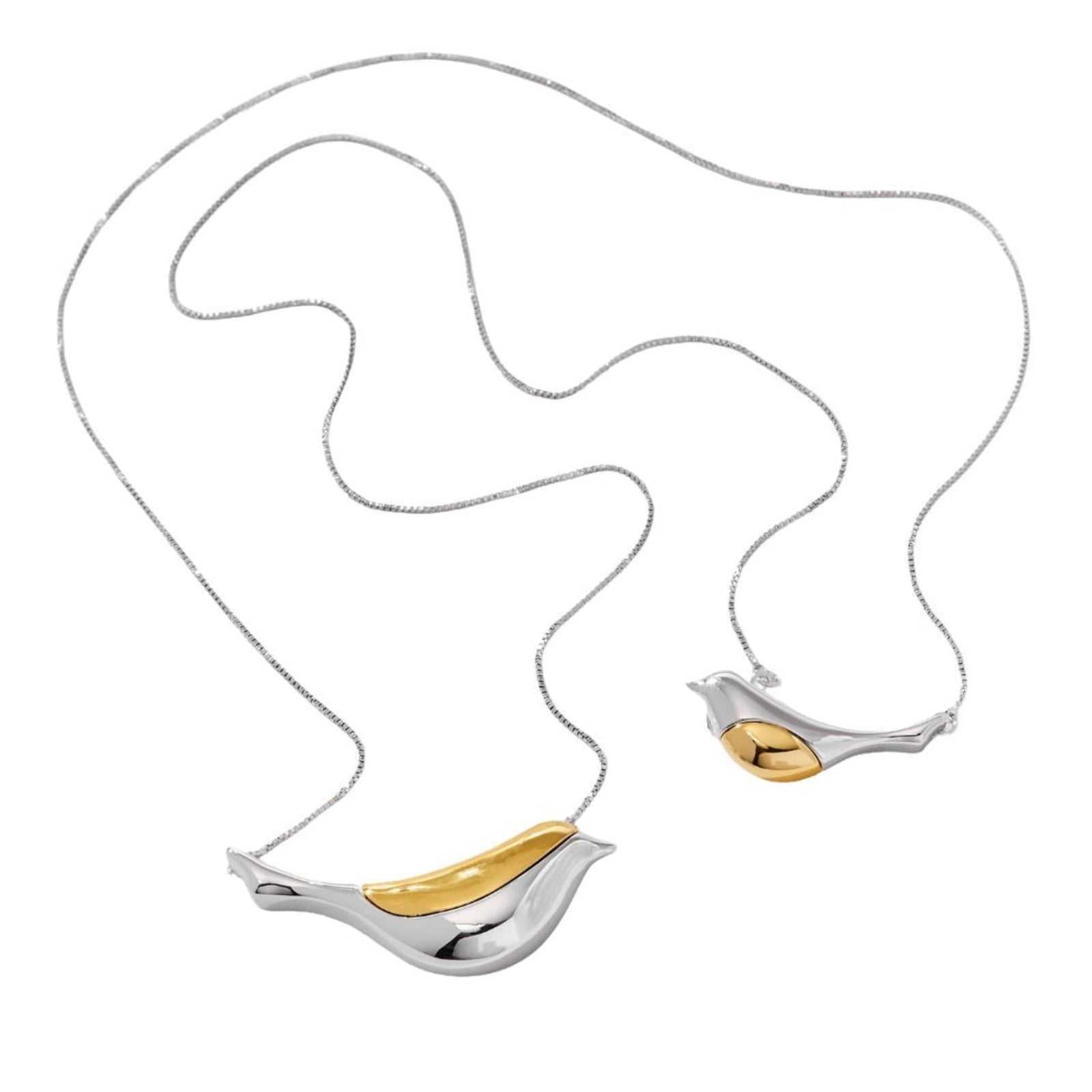 Two ANNA PRATA Silver Aviva Necklaces from the Aviva Collection, each with a bird-shaped silver pendant featuring a gold-colored wing, hang on delicate silver chains, beautifully displayed against a white background.