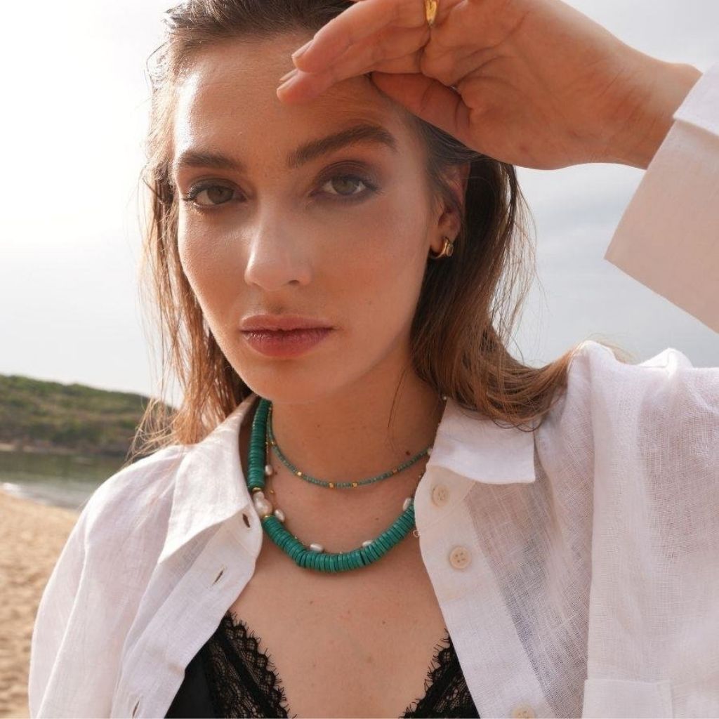 LINYA JEWELLERY - Alya Chunky Turquoise Necklace with Large Pearl, buy at DOORS NYC