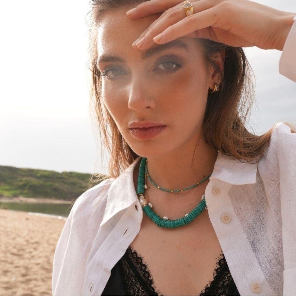 LINYA JEWELLERY - Alya Chunky Turquoise Necklace with Large Pearl, buy at DOORS NYC