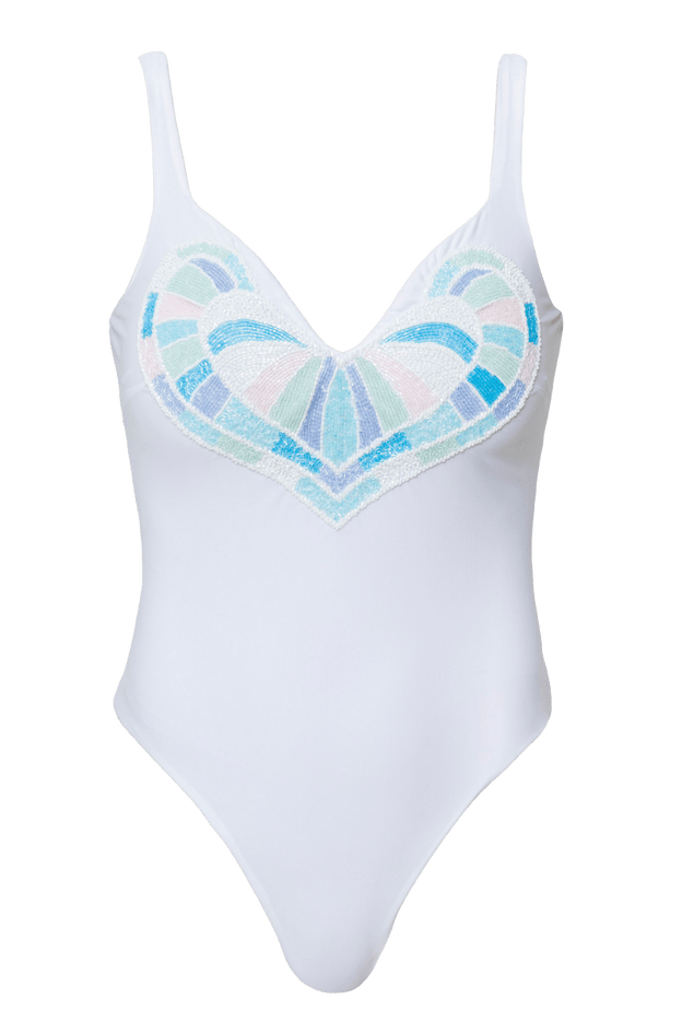 Amor Hand-Beaded Embellished One-Piece Swimsuit  | White