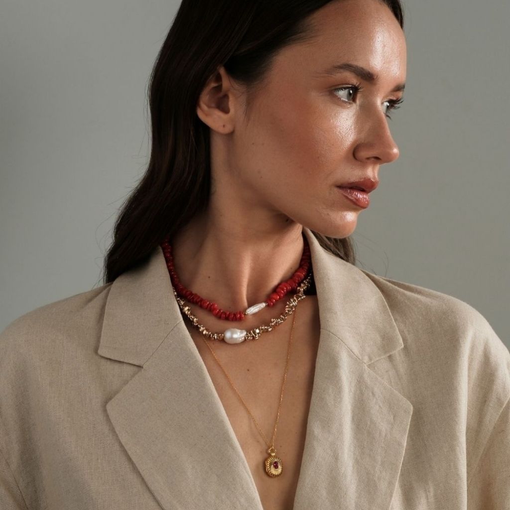 LINYA JEWELLERY - Amorphous Red Coral Necklace with Baroque Pearl Center, buy at DOORS NYC