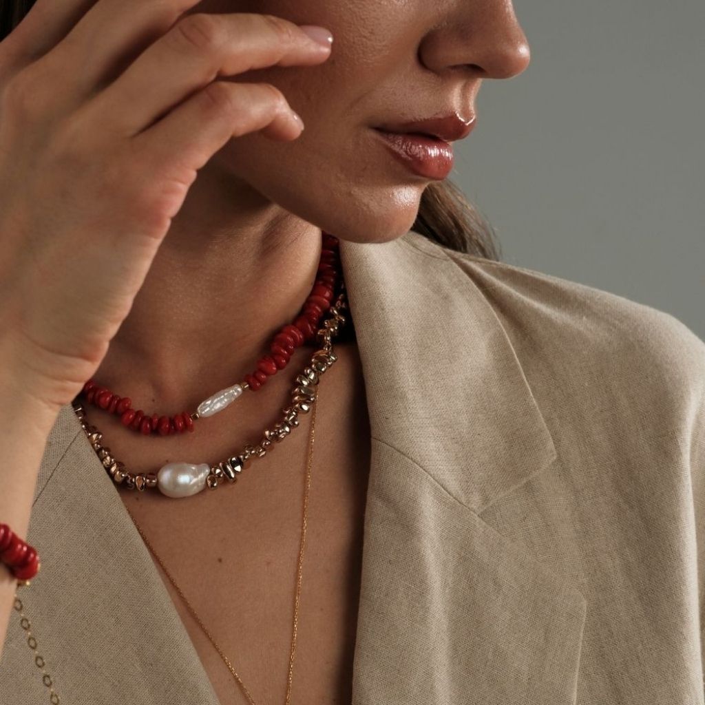 LINYA JEWELLERY - Amorphous Red Coral Necklace with Baroque Pearl Center, buy at DOORS NYC
