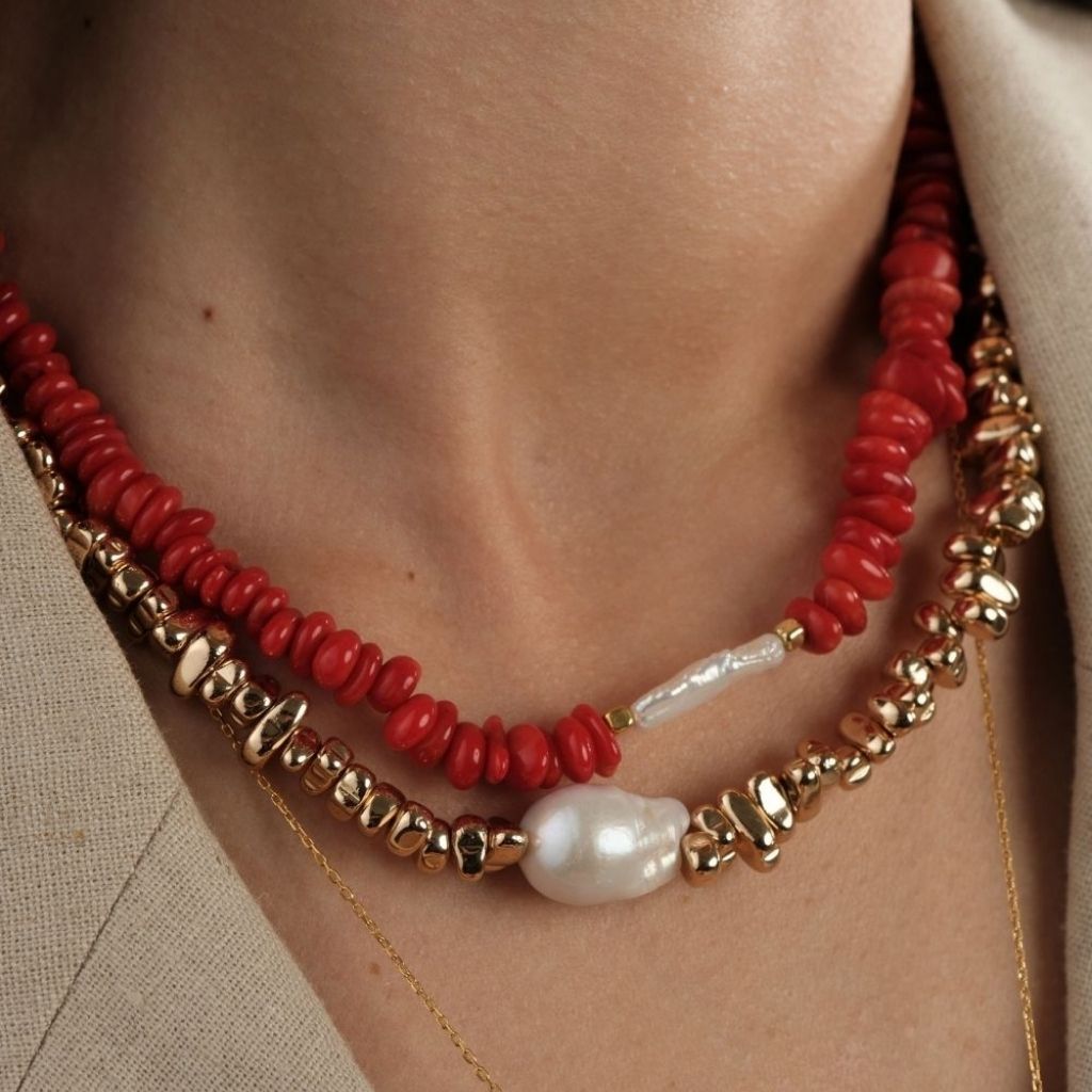 LINYA JEWELLERY - Amorphous Red Coral Necklace with Baroque Pearl Center, buy at DOORS NYC