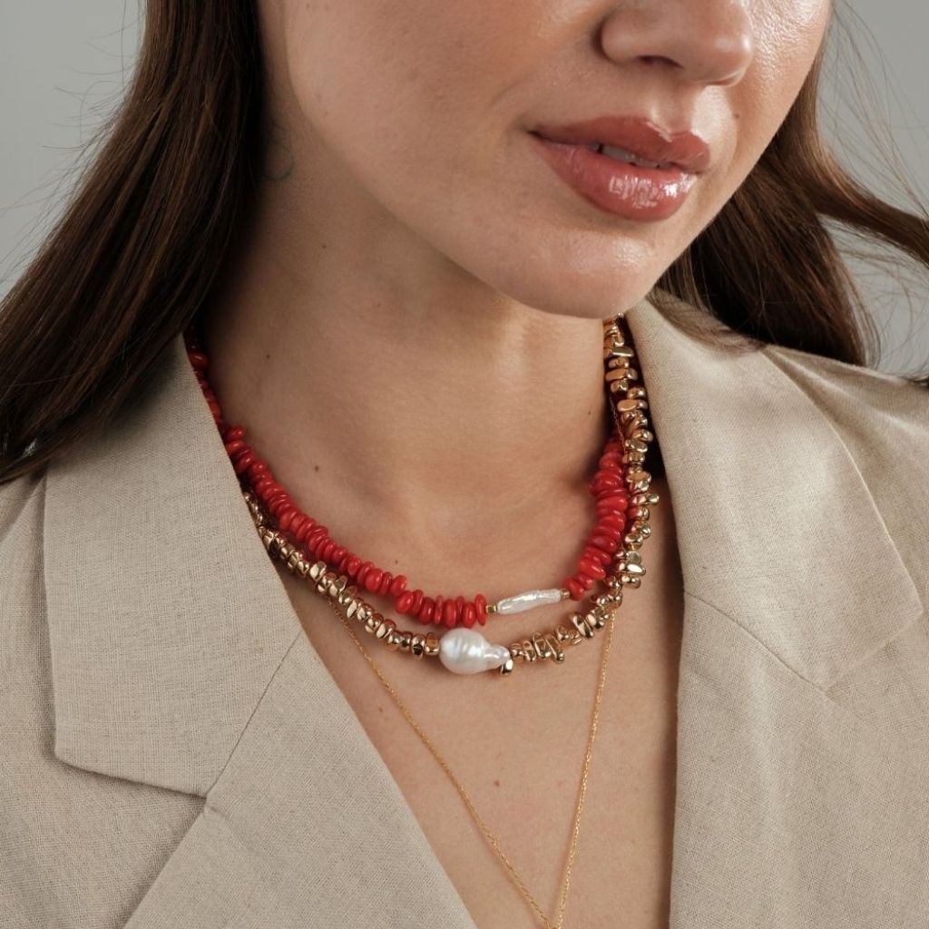LINYA JEWELLERY - Amorphous Red Coral Necklace with Baroque Pearl Center, buy at DOORS NYC