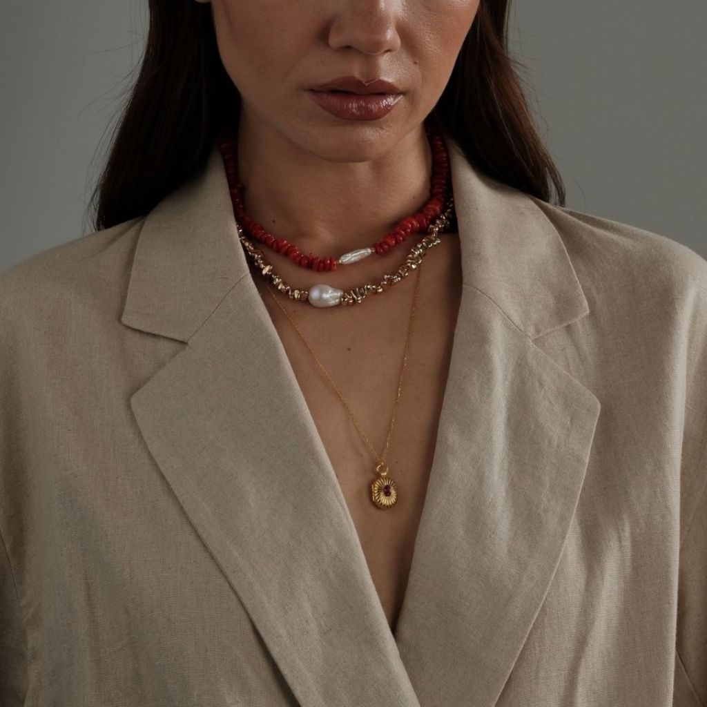 LINYA JEWELLERY - Amorphous Red Coral Necklace with Baroque Pearl Center, buy at DOORS NYC