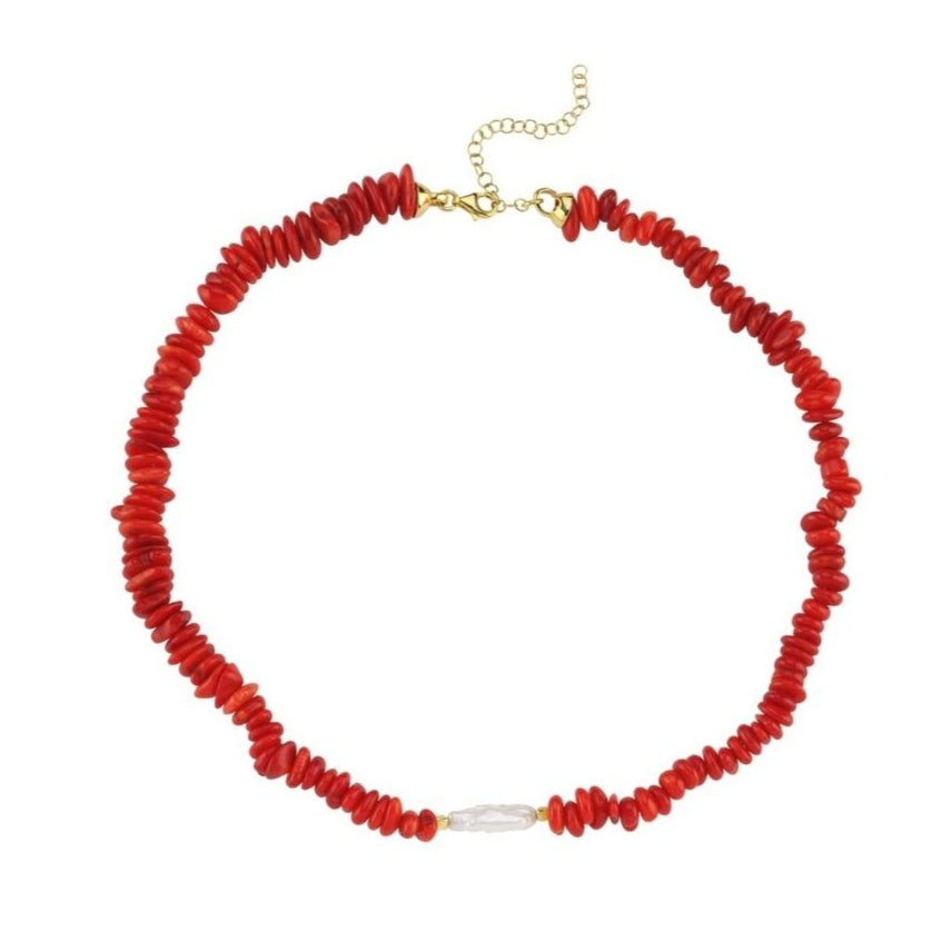 LINYA JEWELLERY - Amorphous Red Coral Necklace with Baroque Pearl Center, buy at DOORS NYC