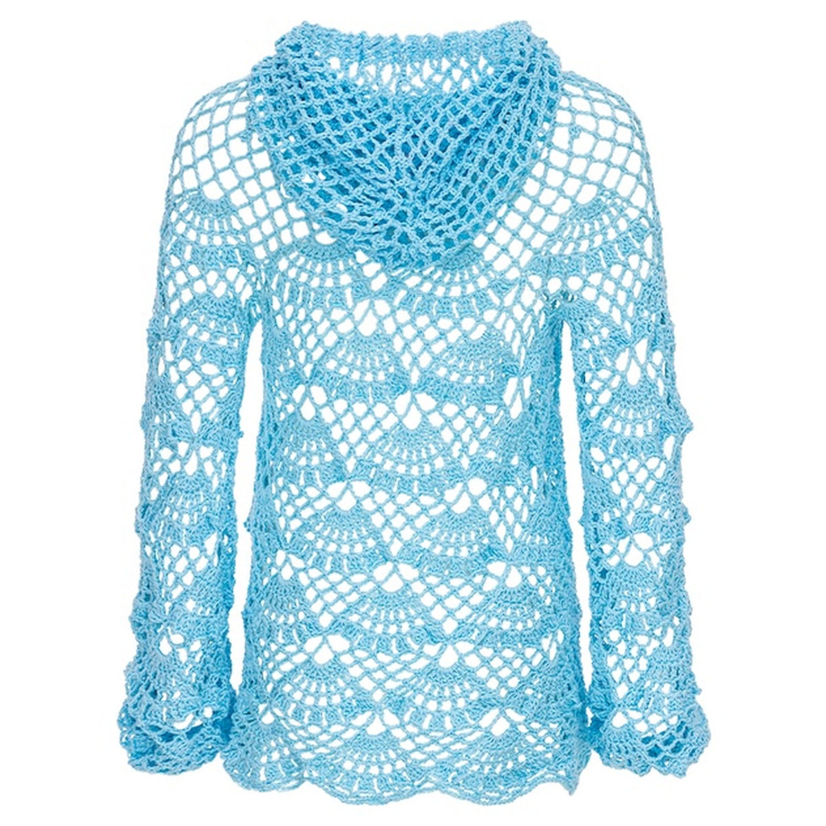 The ANDREEVA Aqua Marine Handmade Crochet Hoodie is a light blue, long-sleeved hoodie with a scalloped lace pattern and loose fit, shown from the back for a delicate, open-weave look.