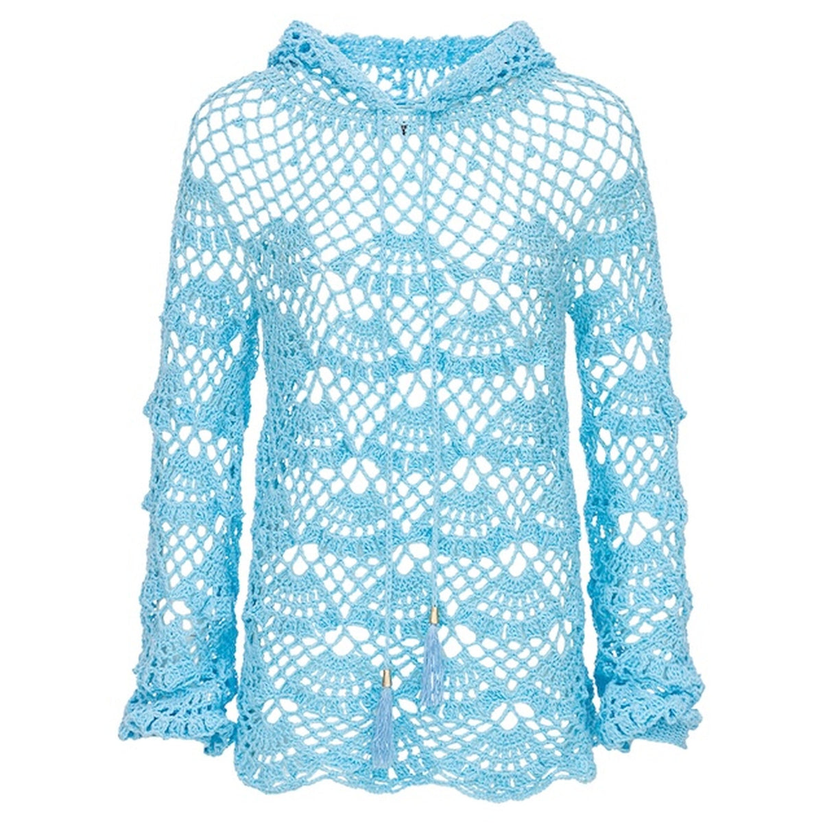 The ANDREEVA Aqua Marine Handmade Crochet Hoodie features a light blue, long-sleeve open-weave design with scalloped pattern, hood, open front, and decorative tassels at the neckline for a breezy, artisanal look.