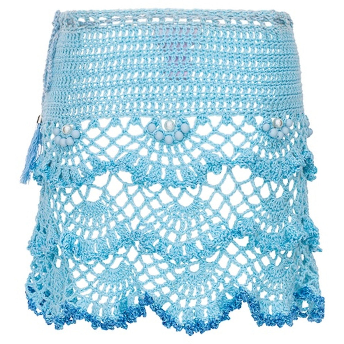 The ANDREEVA Aqua Marine Handmade Mini Crochet Skirt features a solid waistband, scalloped open lace patterns, pearly beads, and intricate hem stitching—ideal for beachwear or summer strolls.