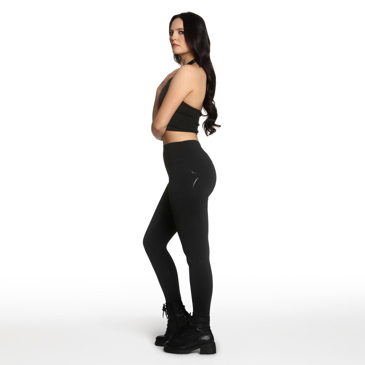 Black High-Waisted Leggings with Metallic Black Warrior Embroidery