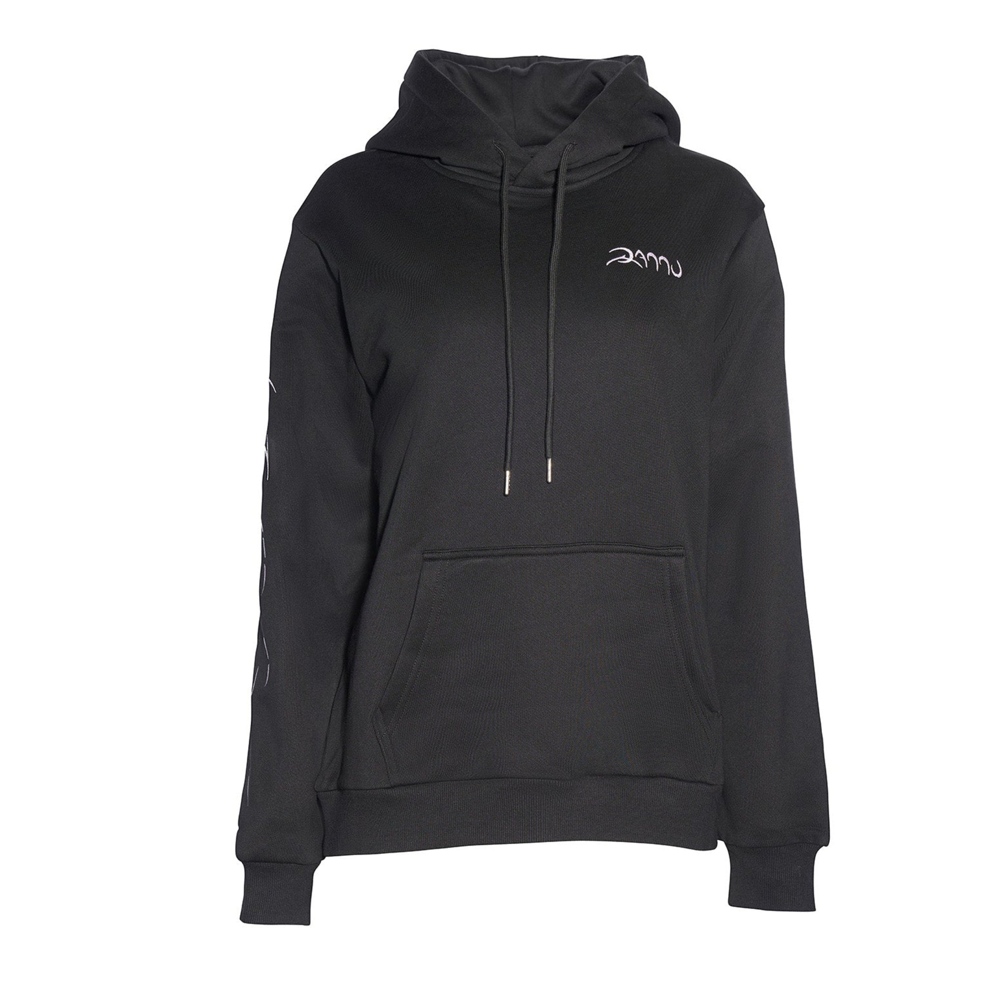 Black hoodie with a logo on a white background