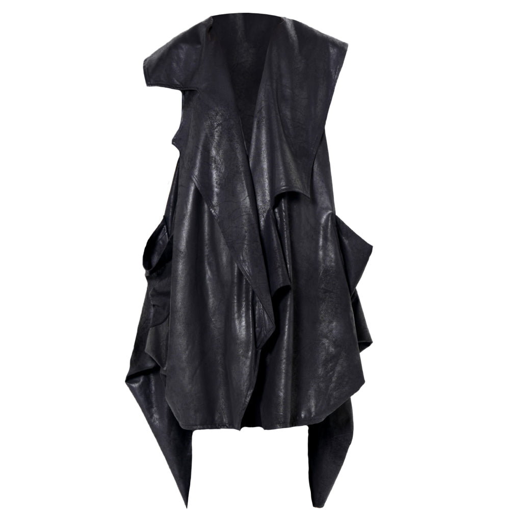 The METAMORPHOZA Asymmetric Faux Suede Vest in Black features a sleeveless, layered design with a pointed hem. Its oversized fit and modern look make it perfect for minimalist, avant-garde layering.
