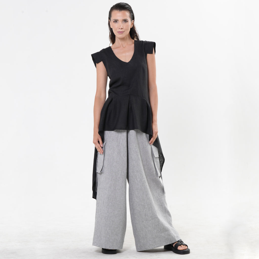 METAMORPHOZA - Black Asymmetric Linen Top with High-Low Hem, buy at DOORS NYC
