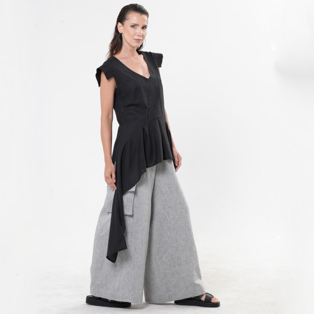 METAMORPHOZA - Black Asymmetric Linen Top with High-Low Hem, buy at DOORS NYC